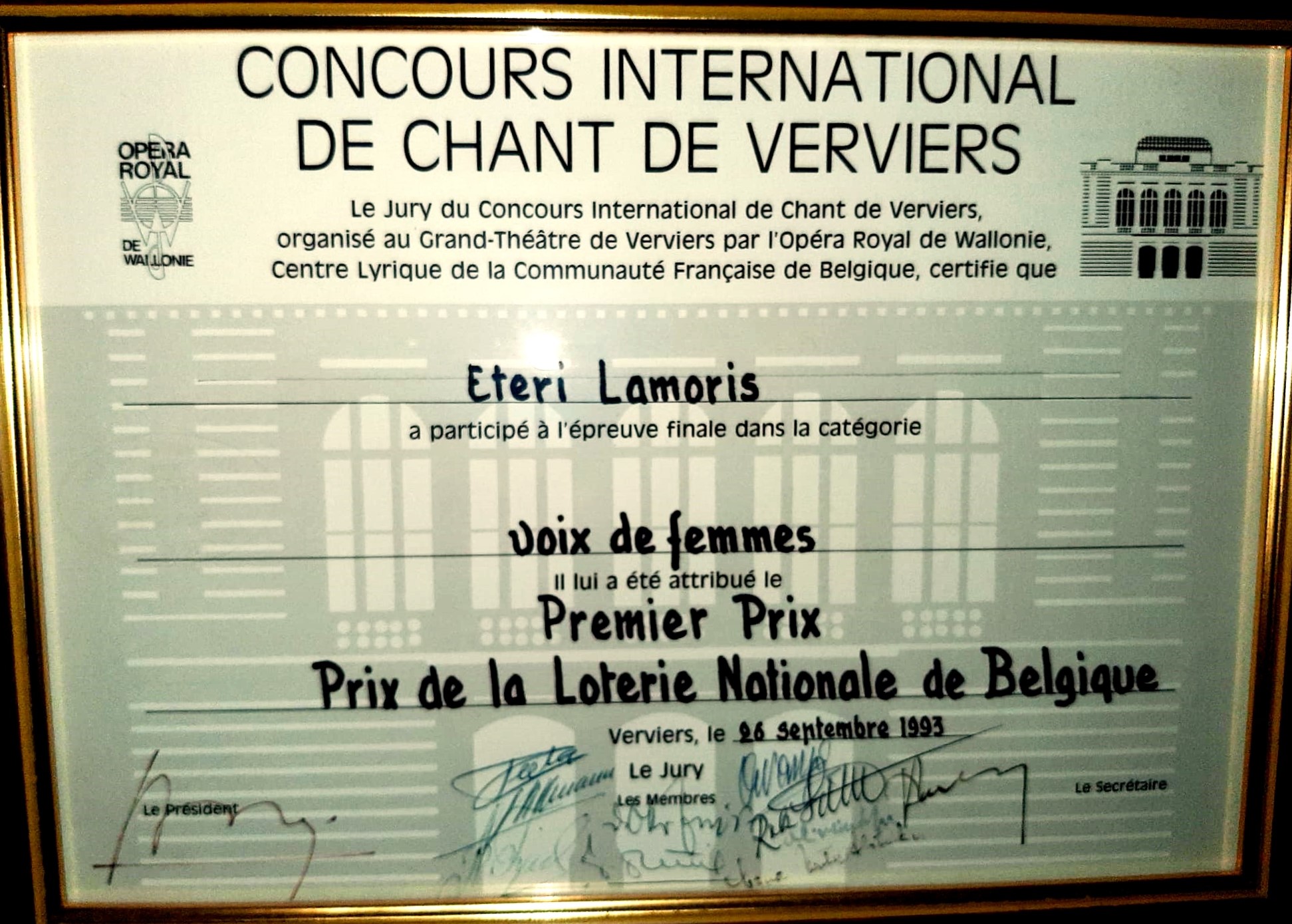 Concours International De Chant De Verviers - Eteri Lamoris won First Price de la Loterie Nationale de Belgique (1993)