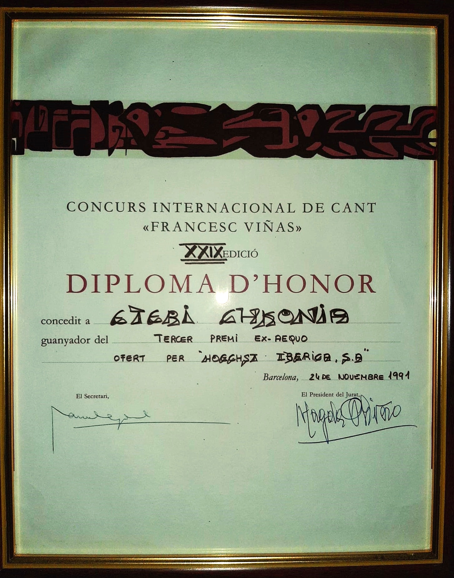 Concurso Internacional de Canto Francesc Viñas XXIX edicion - Diploma de Honor a Eteri Chkonia Lamoris Ganador del Tercer Premio (Barcelona)