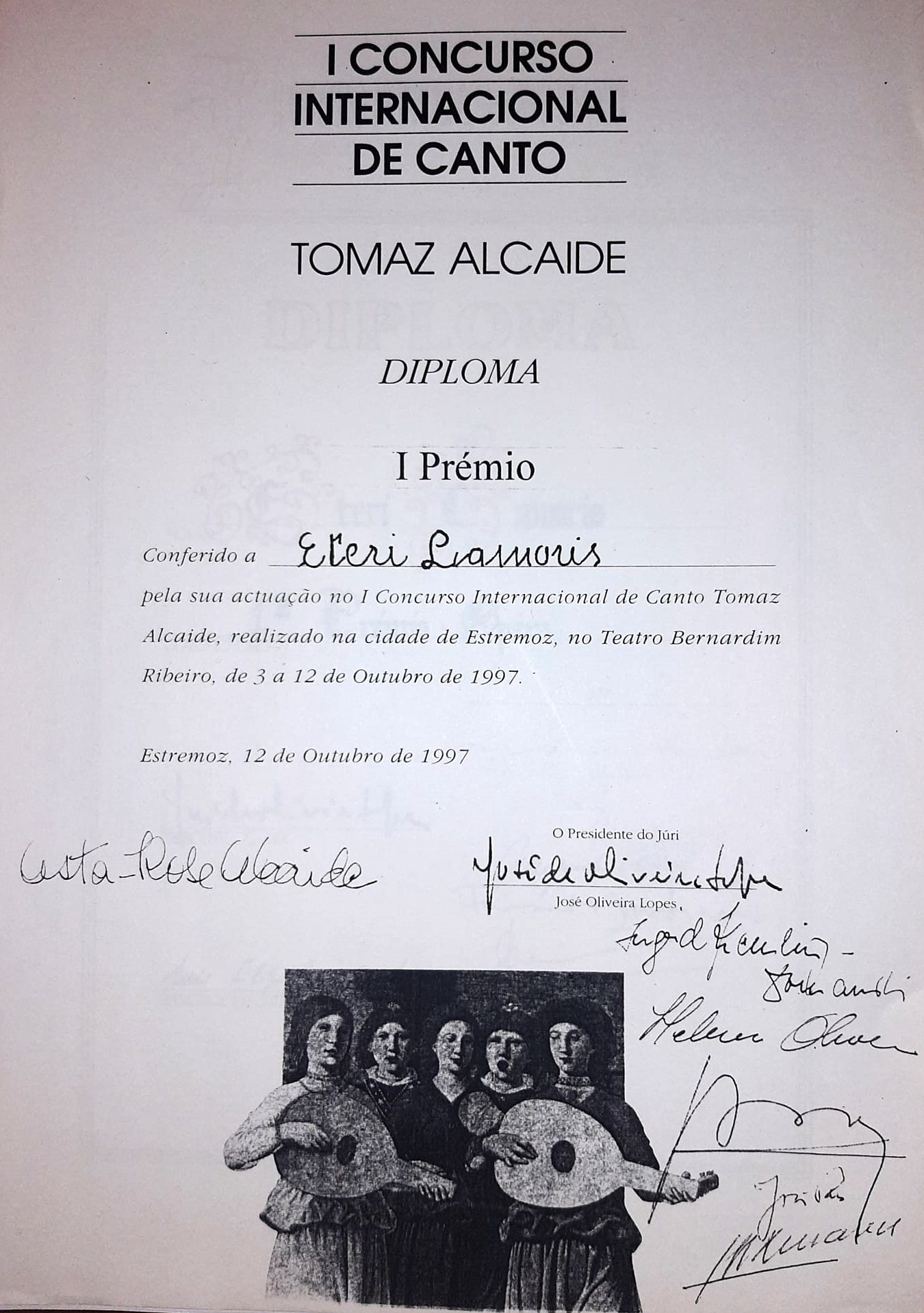 Diploma Eteri lamoris Primer Premio Tomaz Alcaide (Concurso Internacional de Canto) 1997