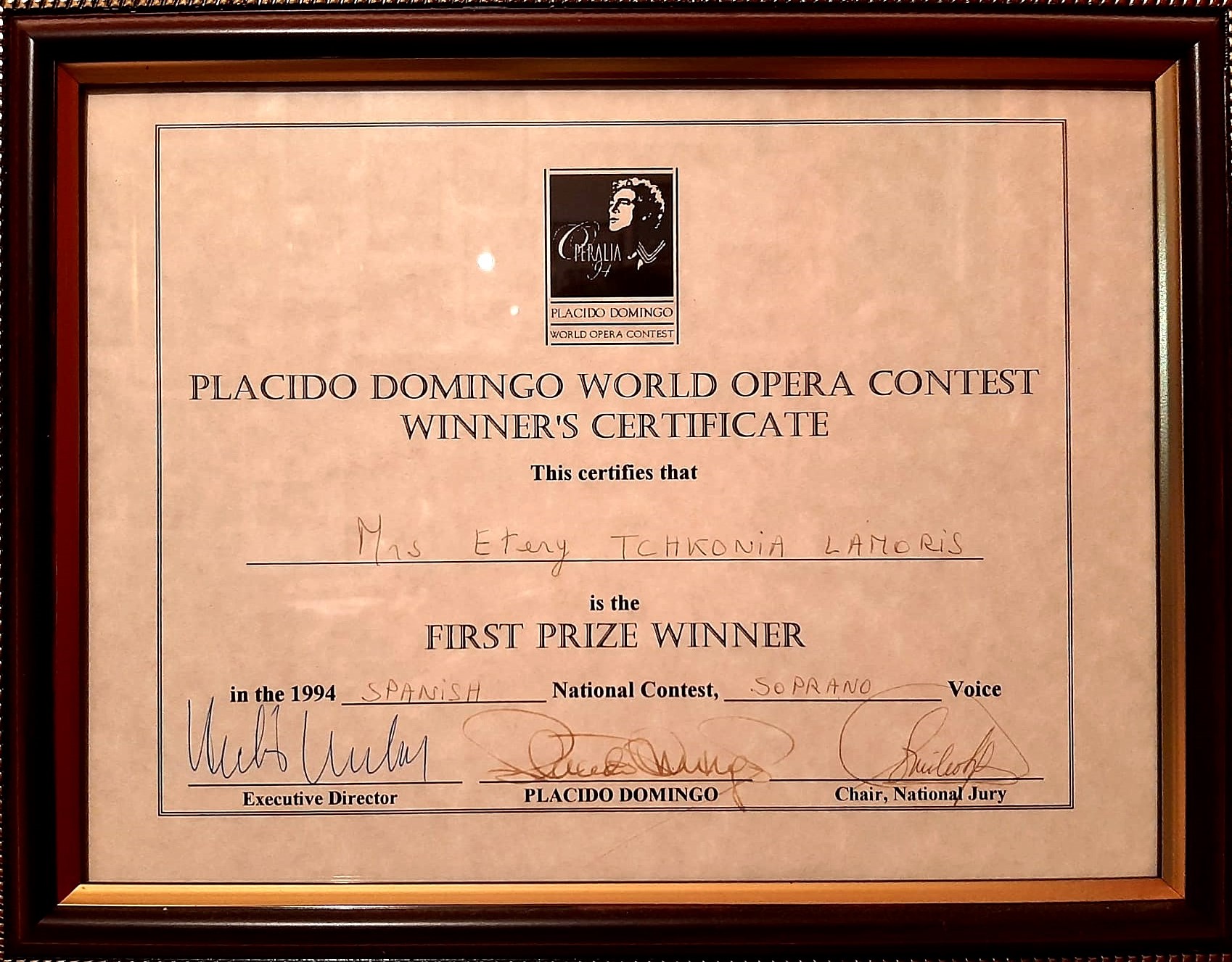 Winner's Certificate for Eteri Lamoris - Placido Domingo World Opera Contest - First Prize Winner (1994)